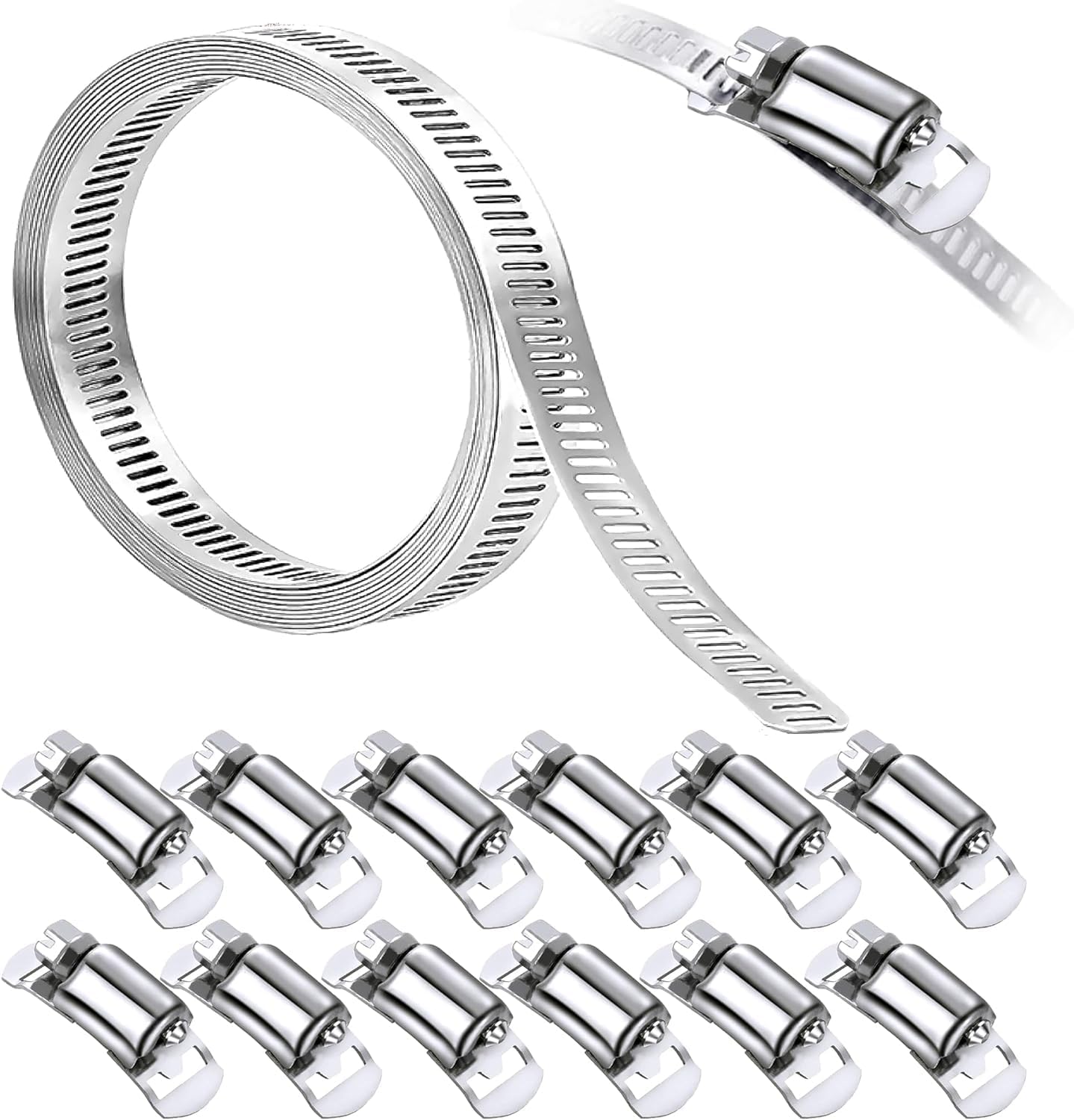 Deecam Stainless Steel Hose Clamps, 10FT Metal Strapping with Holes, Hose Pipe Strap Adjustable Worm Gear Assortment Kit, Heavy Duty Long Metal Band Clamps for Pool Duct Pipe Tube Repair