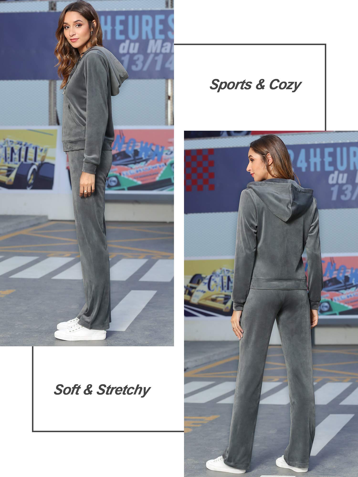 MessBebe, tuta da ginnastica da donna in velluto per il tempo libero lo sport 2 pezzi felpa con cappuccio a maniche lunghe con zip e pantaloni lunghi sportivi grigio., S