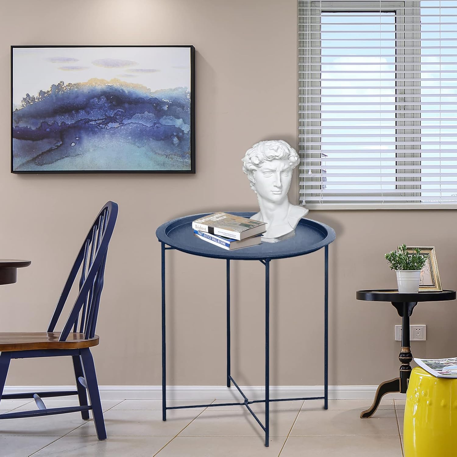Garden 4 you End Table Metal Side Table Blue Round Folding Tray Cyan Sofa Small Accent Fold-able Table, Round End Table Tray, Next to Sofa Table, Snack Table for Living Room and Bed Room
