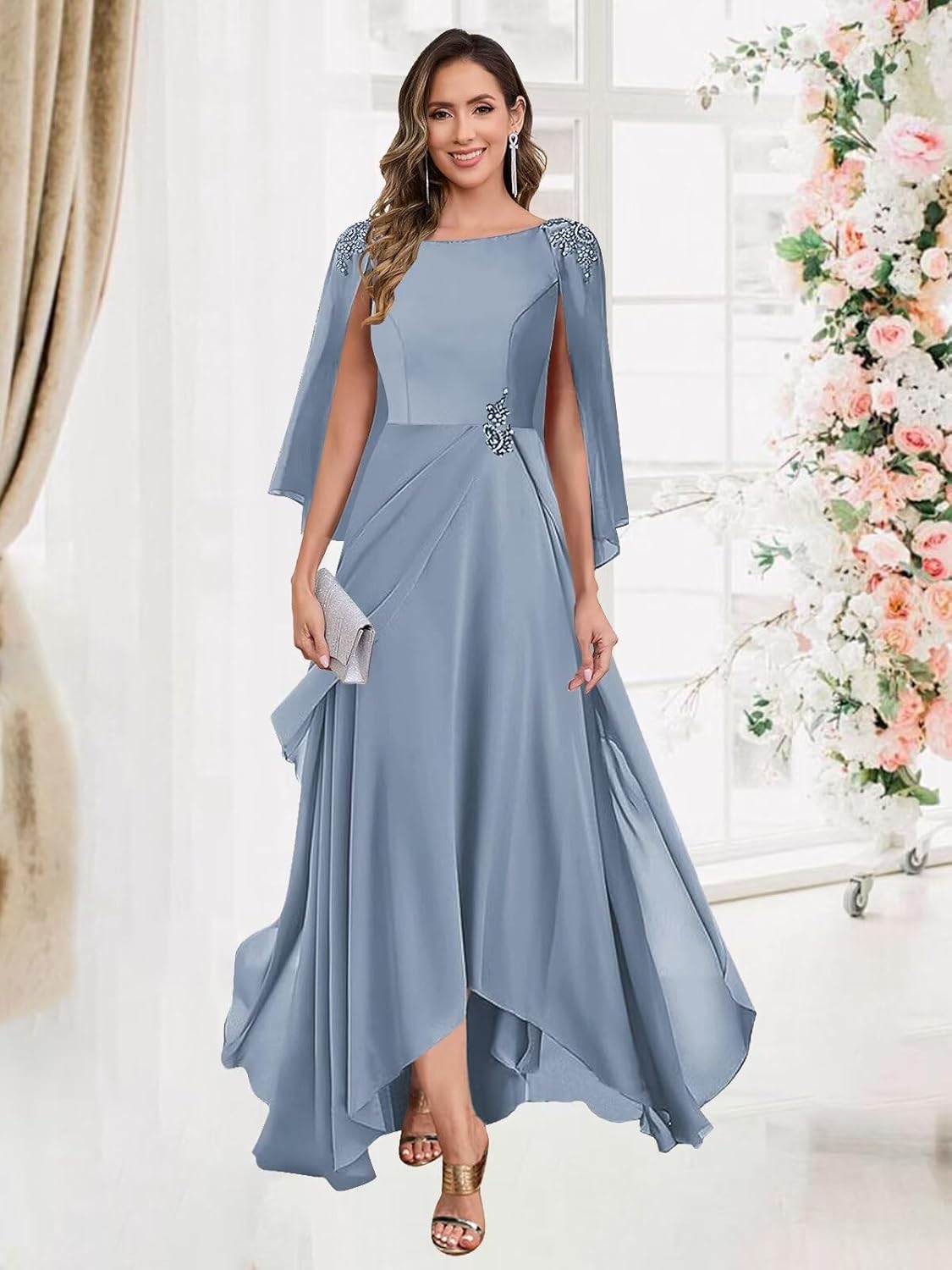 GUKARLEED Women’s Ruffles Mother of The Bride Dresses with Shawls Beading Cap Sleeve Wedding Guest Dress Long Formal Dress