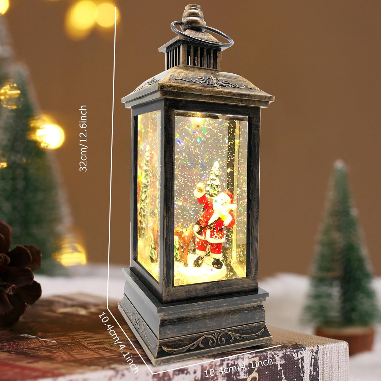 Musical Christmas Snow Globes, Christmas Lantern, USB&Battery Powered Rotating Glittering Christmas Lanterns with Timer, Vintage Christmas Decorations Home Décor Gifts (Santa Moose Snow Scene)