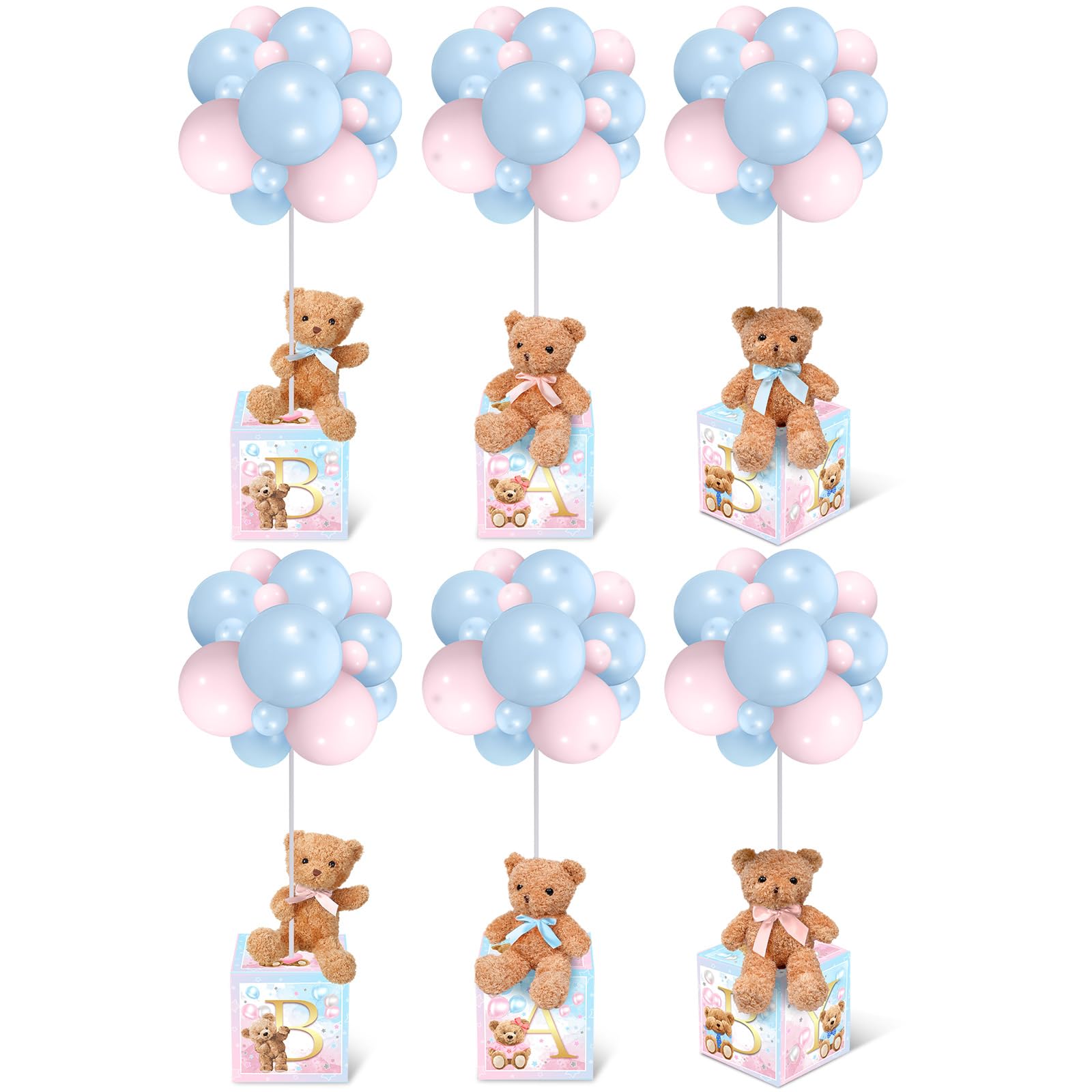 Lenwen 6 Sets Baby Letter Boxes Decorations Table Centerpieces for Baby Shower Gender Reveal,Bear Stuffed Animals Balloon with Stand Plush Toy Boxes