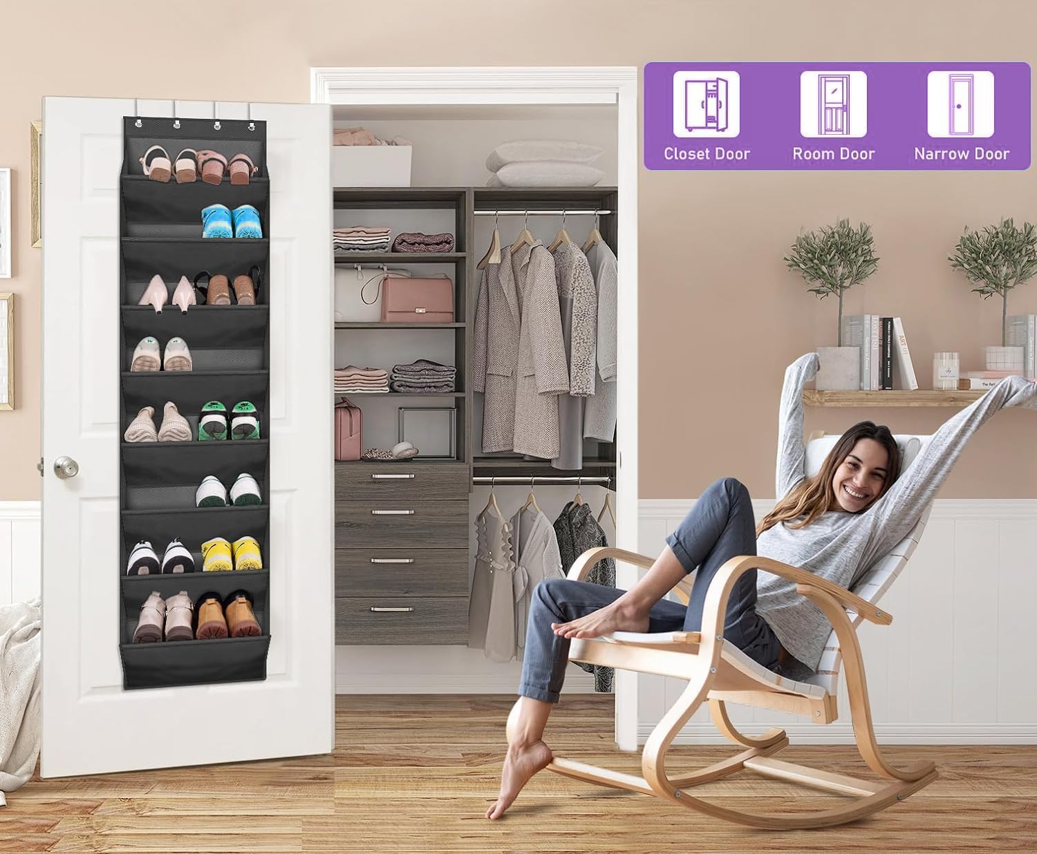 MISSLO 8 Shelf Over Door Shoe Organizer, Hanging Shoe Rack with Deep Pockets Back of Door Storage fits 20 works - Image 3