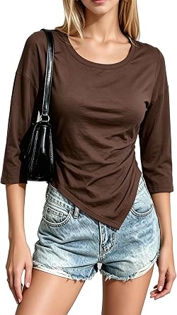 Womens Crew Neck 3/4 Sleeve Tops - Asymmetrical Hem Shirts Drop Shoulder Side Ruched Casual Fitted Tunic Tees