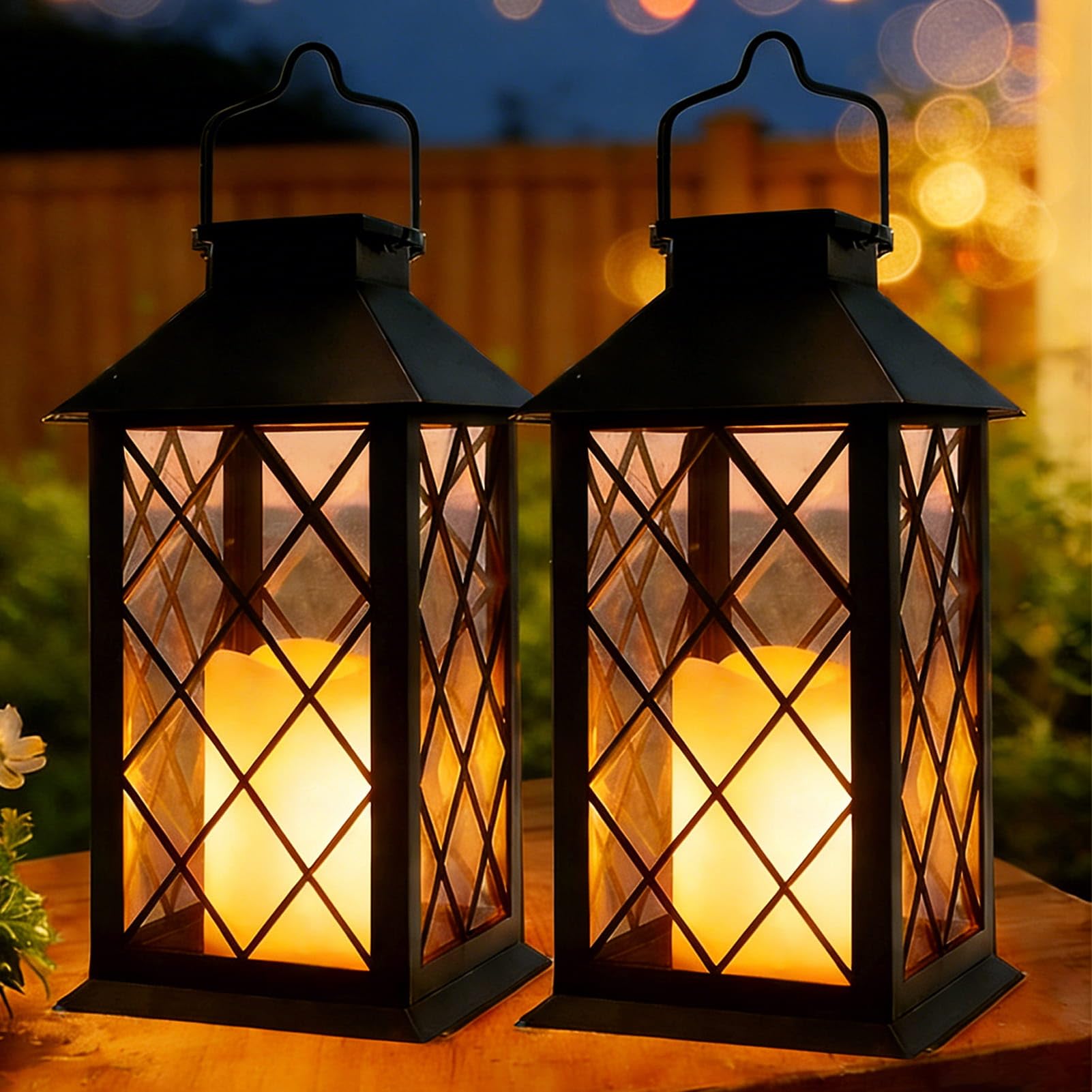 Dekofun Solarlaterne für Außen, 2 Stück Solarlampen Außen Hängend mit Flammeneffekte Kerze, Sicherheitsglas, IP65 Wasserdicht Solar Laternen für Balkon Garten Tisch Terrasse Draußen Deko - Schwarz