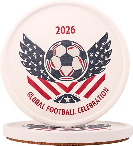 Soccer Drink Coasters Set of 2, 4 x 4 Inch Absorbent Ceramic Coasters with Raise