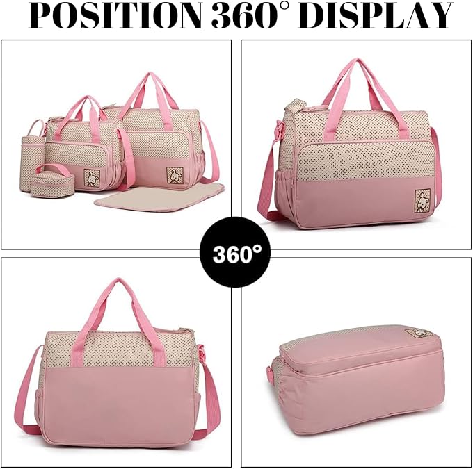 Baby Diaper Bags, 5pcs/set Waterproof Diaper Bag Tote Set with Handbags, Bottle Bag, Small Lunch Bag & Diaper Mat, Portable Baby Diaper Bag for Parents (Pink)