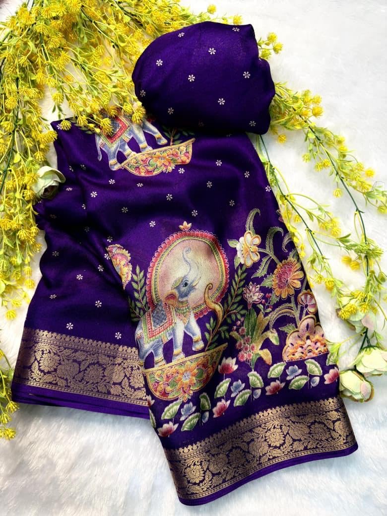 Art Silk Kalamkari Print Saree featuring Elephant Motifs and Zari Border-image-4