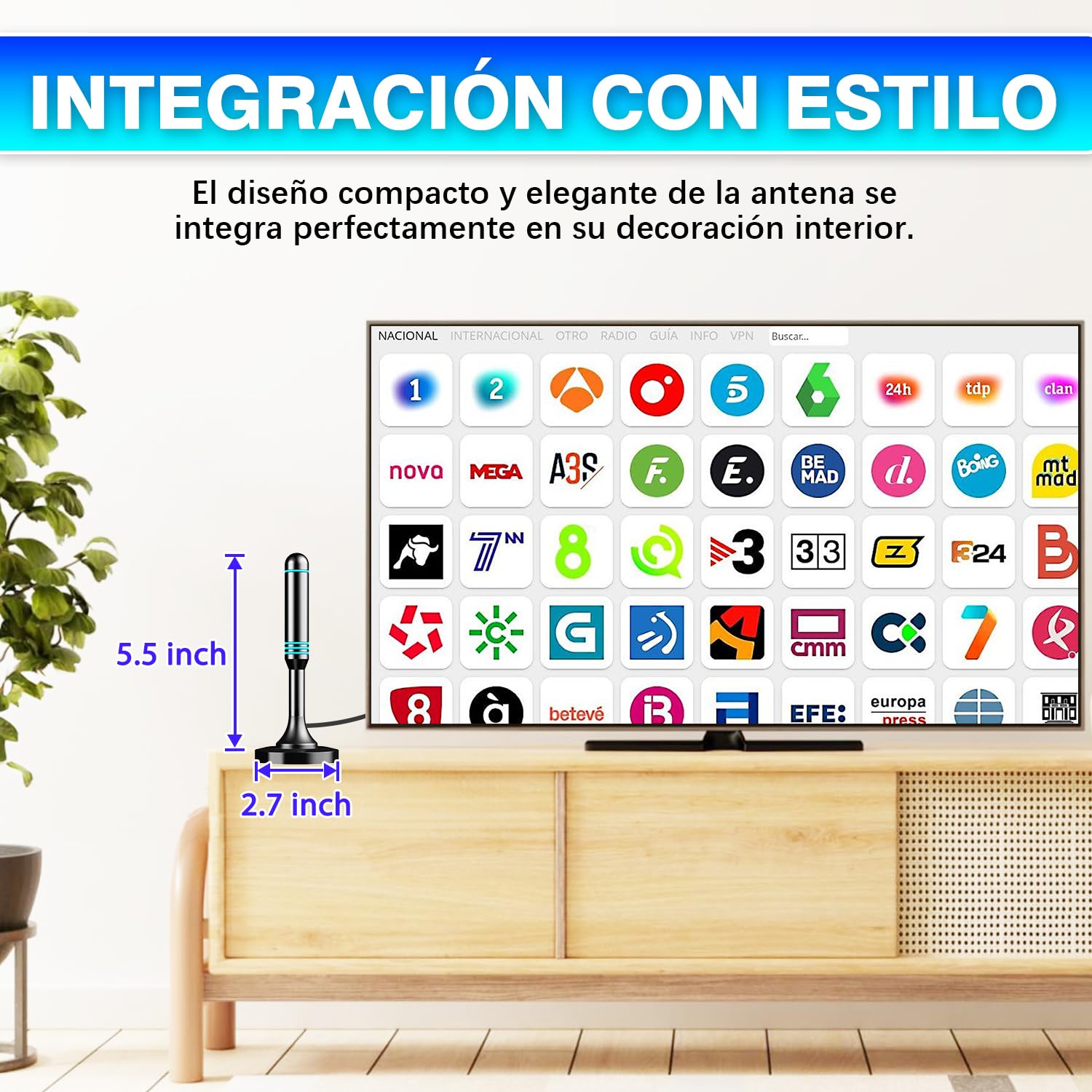 Antena TV Interior TDT HD 1080P 4K, Antena Portátil con Base Magnética, Recepción de Larga Distancia, Compatible con DVB-T/DVB-T2 y Smart TV, Acceso a Canales Locales Sin Suscripción