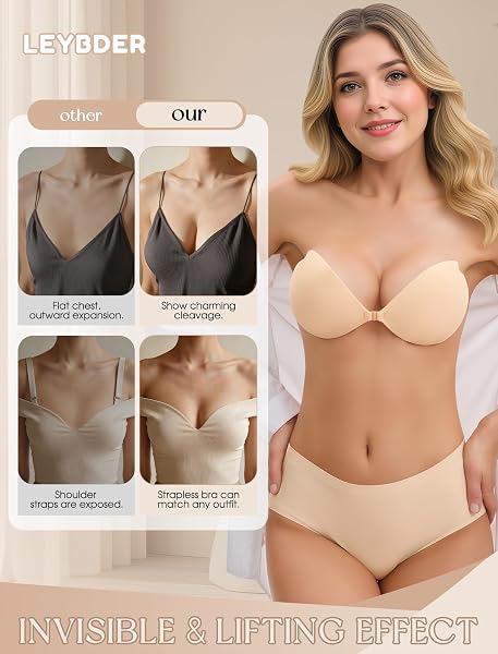 Stick on Bra Backless Invisible Sticky Bra Push up Strapless Women's Adhesive Bras Ladies Backless Strapless Bras Large Breasts Push up Sticky for Backless Dresses, Wedding, Party - 4