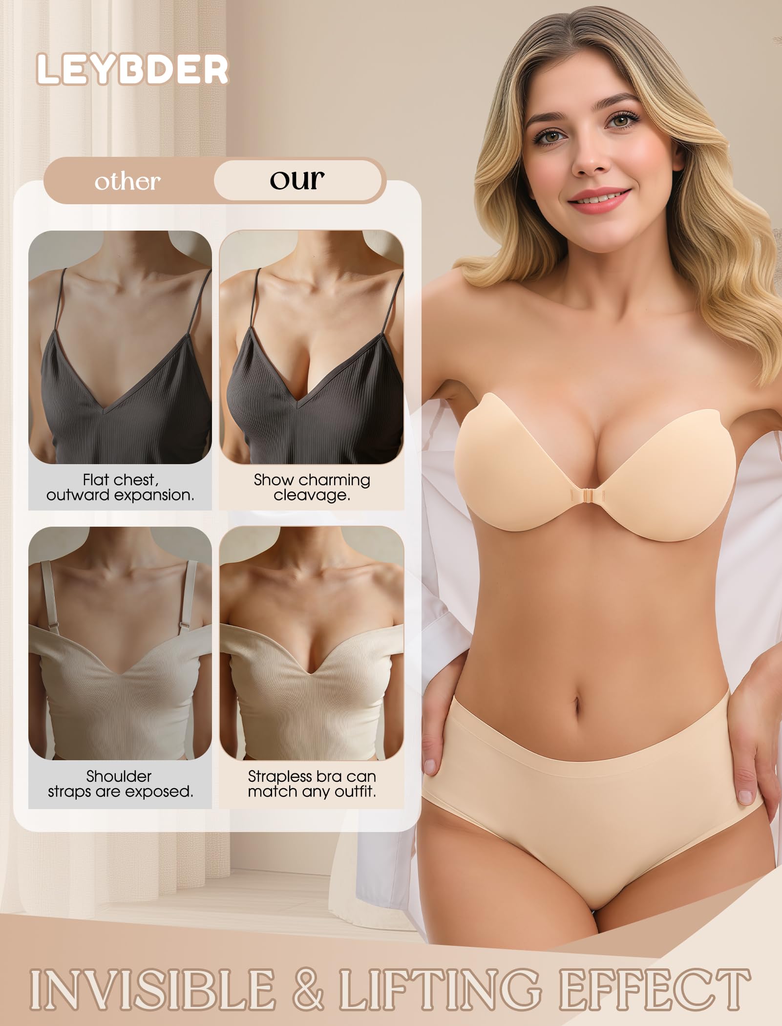 Stick on Bra Backless Invisible Sticky Bra Push up Strapless Women's Adhesive Bras Ladies Backless Strapless Bras Large Breasts Push up Sticky for Backless Dresses, Wedding, Party — view 4