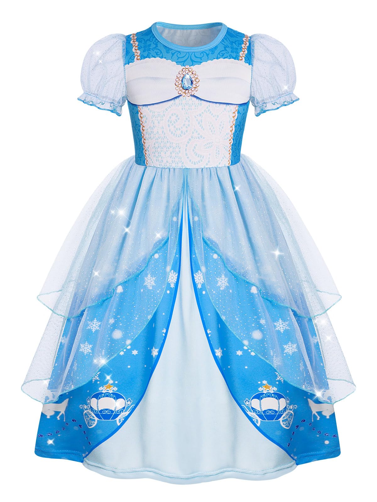 Jurebecia Blue Princess Costumes Dress for Girls Princess Dressing up Kids Halloween Fancy Party Outfit Cosplay Dress 5-6 Years