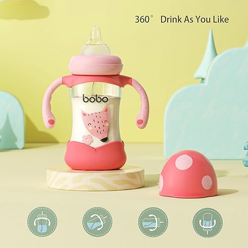 Miniatura 7 de YOHKOH Biberón de vidrio natural con pezón de respuesta natural, biberones de cuello ancho con asa, juego de biberones anticólicos para recién Rojo