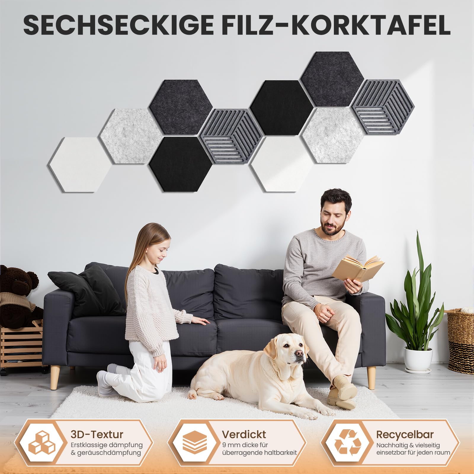 10 Stück Sechseckige Filz Pinnwand, Pinnwand Kork Alternative Selbstklebend, Dekorative Filzboard Vision Board Fotowand Memoboard Wanddekoration mit 30 Pinnnadeln für Büro, Schule, Zuhause
