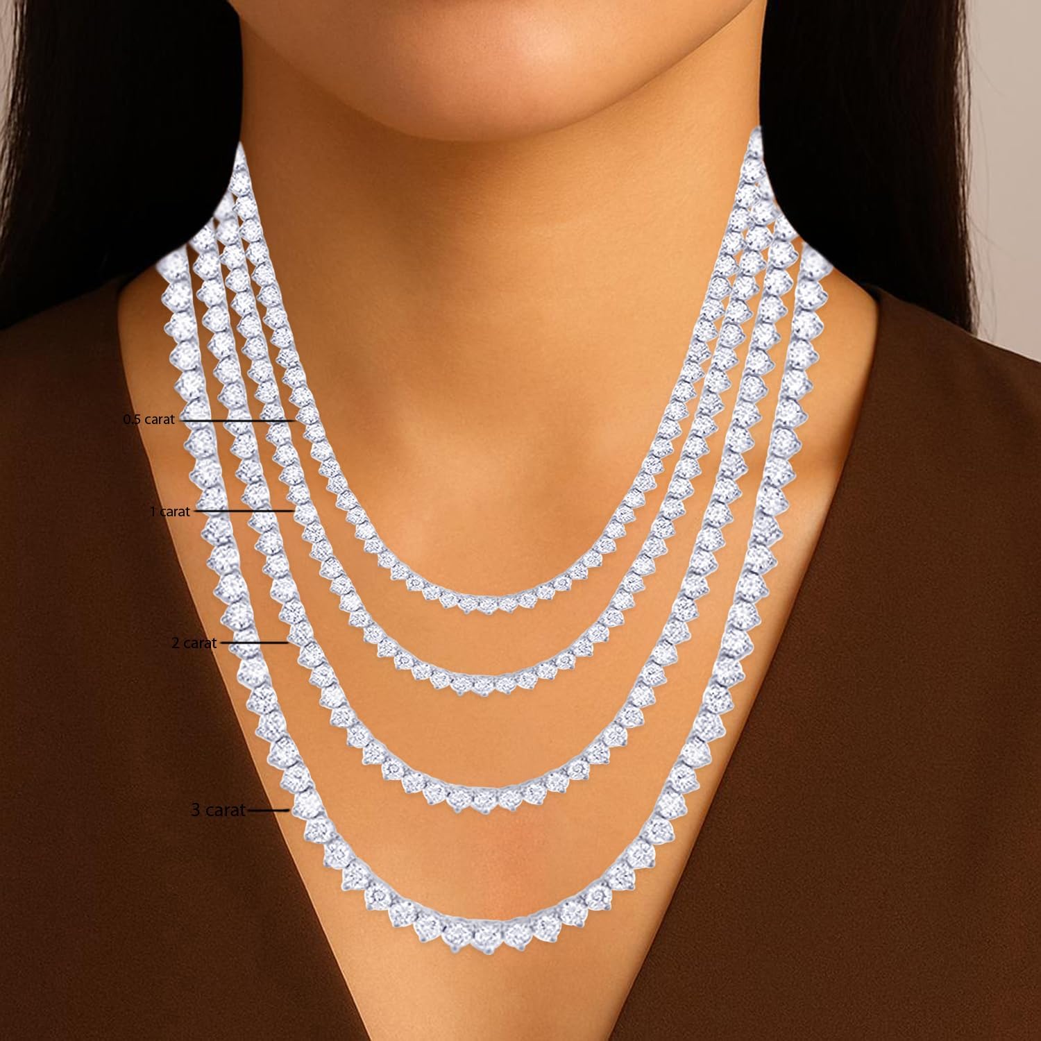 Houston Diamond District 3 to 20 Carat NATURAL REAL Round 17 "Graduating 3 Prong Diamond Tennis Riviera Necklace Ultra Premium Collection (H-I Color, SI1-SI2 Clarity)