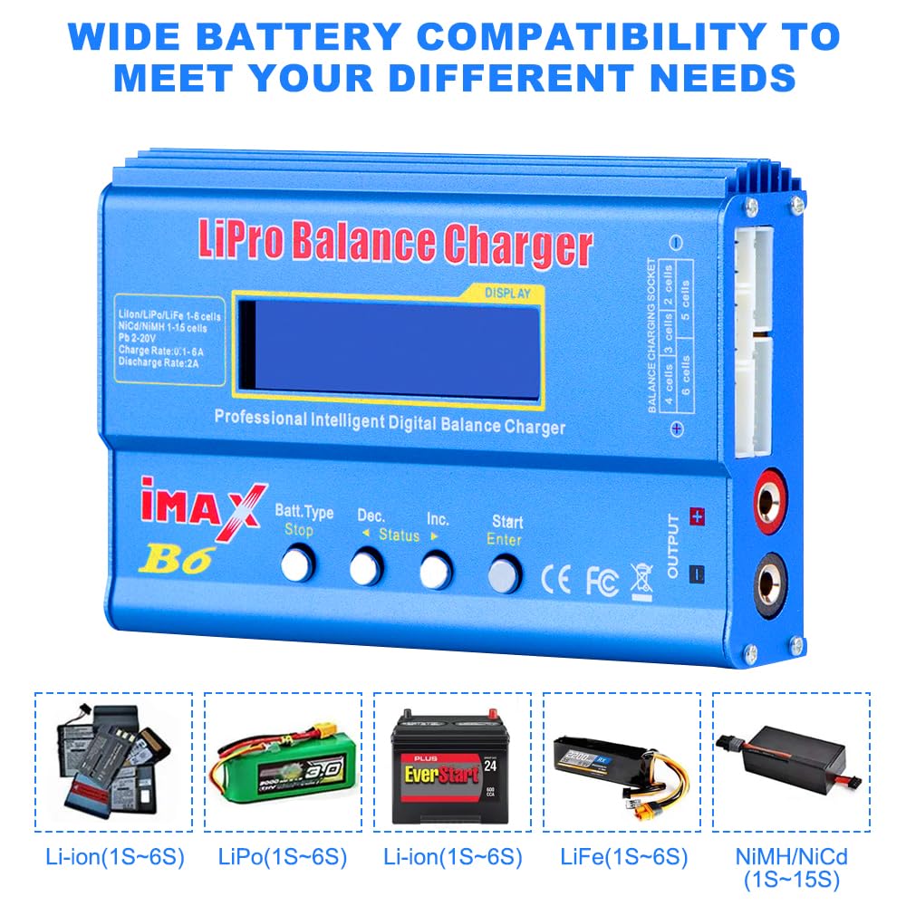 Lipo Caricabatterie, 80W 6A Lipo Balance Charger con cavo di alimentazione completo, Caricabatterie RC con adattatore di alimentazione, Lipo Balance Charger per Lipo Li-Poly Li-Ion Life Nicd