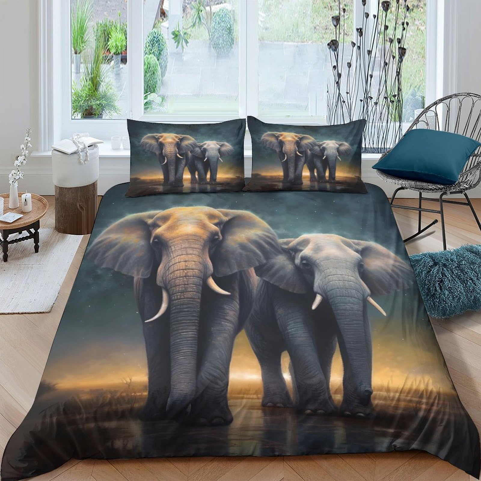 GPLZQXKJNH 3D Printed Elephant Sunset Duvet Cover Microfiber Soft Breathable African Wildlife Bedding Set with 2 Pillowcases for Bedroom Decor, Single（135x200cm）