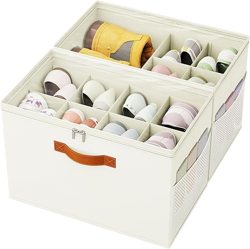 Miniatura 7 de Paquete de 2 organizadores de zapatos para armario, organizador plegable de almacenamiento de zapatos con divisores ajustables, caja de Negro-