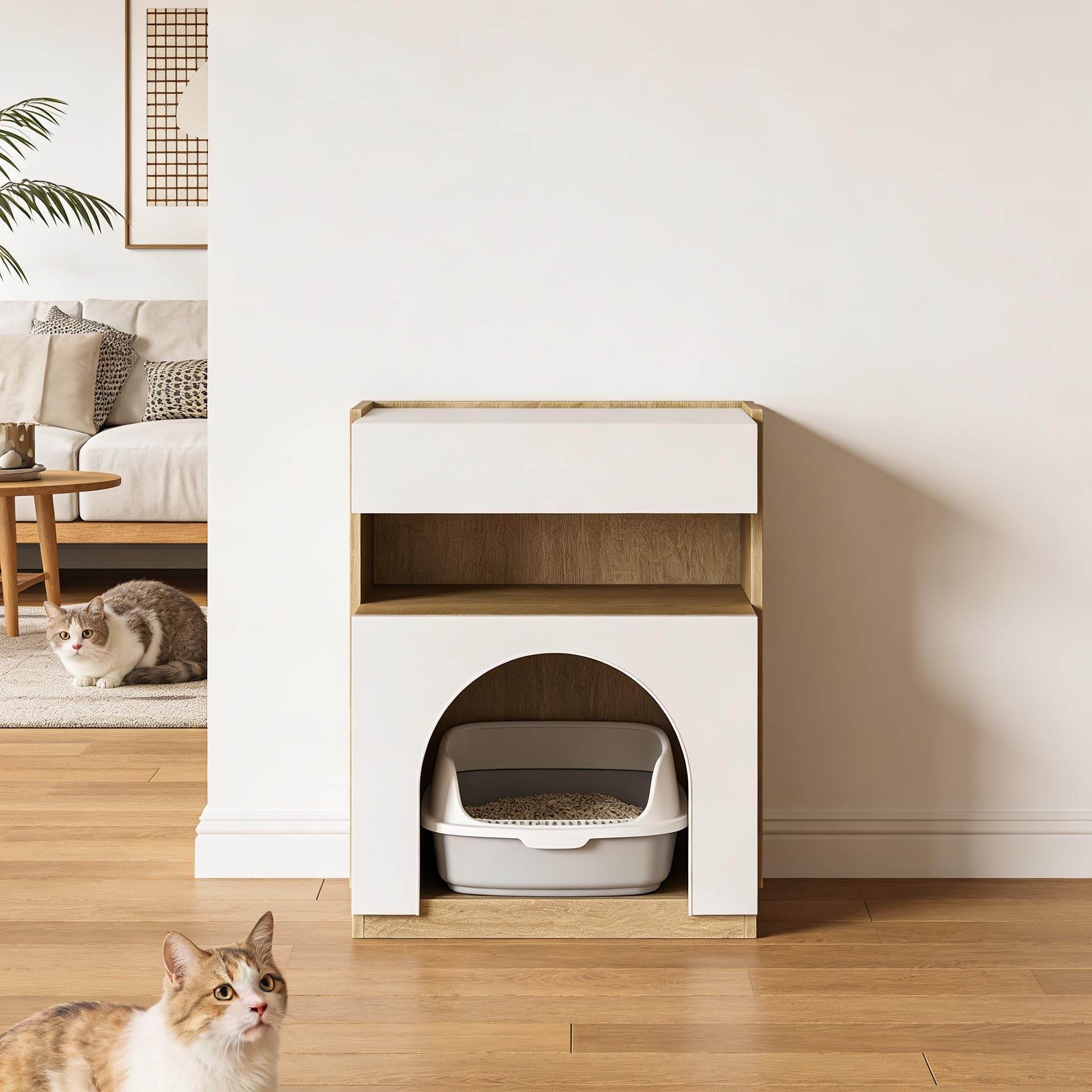 Katzenkäfig Katzenkloschrank mit Katzenhöhle Katzenschrank für Katzentoilette Katzenklo mit 2 Löchern 4 Türen Katzenhaus für Katze Weiß 50x40x58cm