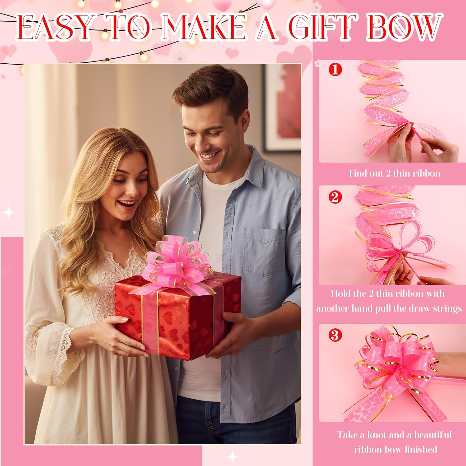 Poen 36 Pcs Valentines Day Pull Bows for Gift Wrapping 6 Inch Large Heart Ribbon Gifts Bows for DIY Crafts Wedding Baskets Valentines Easter Holiday Birthday Party Decoration(Pink) - Image 5