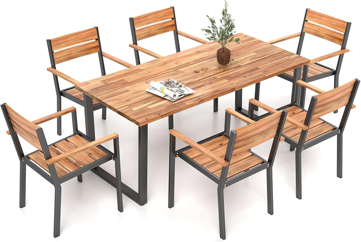 HAPPYGRILL 7 Pieces Acacia Wood Patio Dining Set with Metal Frame, Space-Saving Outdoor Furniture Set with 6 Stackable Armchairs and 69” Rectangular Table with 2” Umbrella Hole for Garden, Deck, Yard