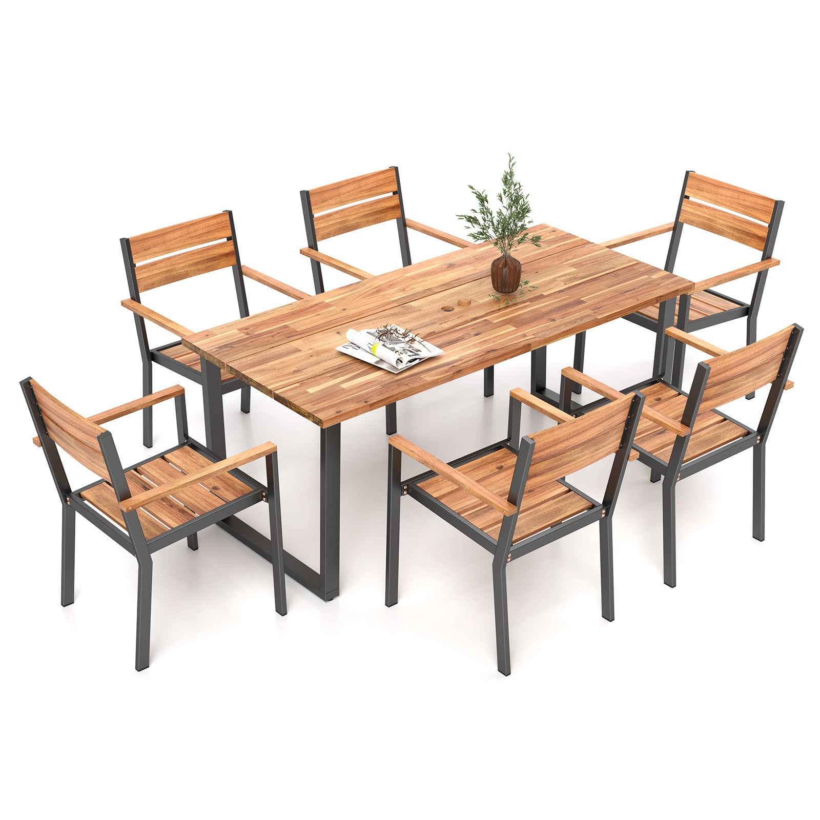 HAPPYGRILL 7 Pieces Acacia Wood Patio Dining Set with Metal Frame, Space-Saving Outdoor Furniture Set with 6 Stackable Armchairs and 69” Rectangular