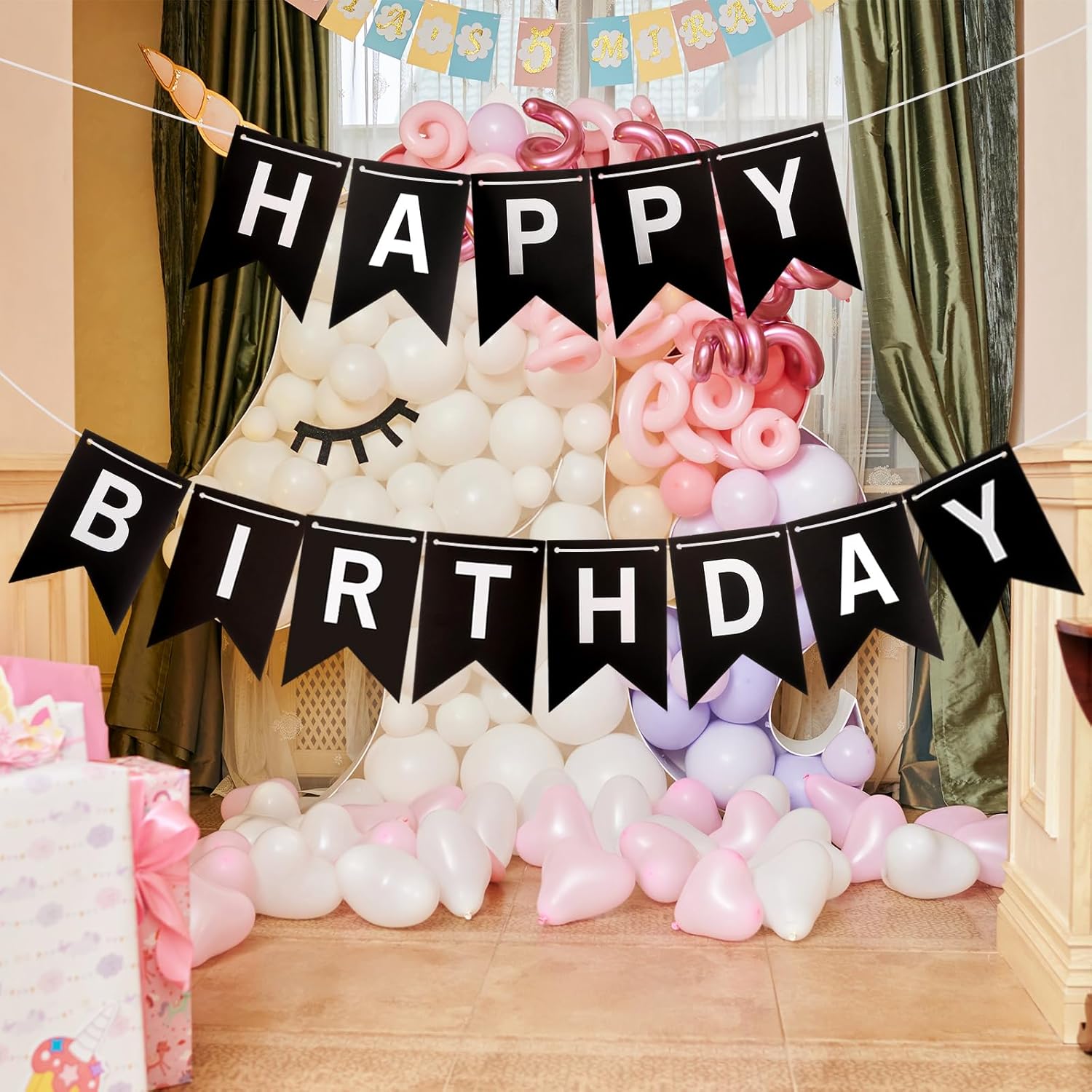 Happy Birthday Banner, Black Happy Birthday Banner for Birthday Party Decorations Supplies Durable Happy Birthday Sign with Silver White Letters for Boys Women Men(Black)