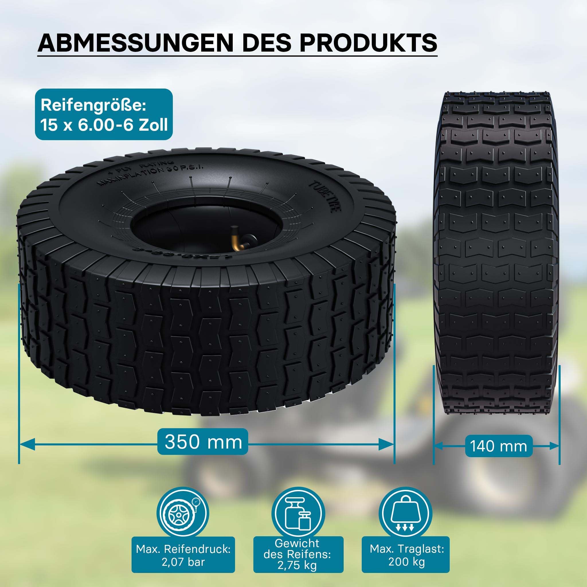 Wiltec 2x Reifenmantel 2x Schlauch für Aufsitzmäher/Rasentraktor 15x6.00-6 4PR Winkelventil