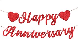 Red Glitter Happy Anniversary Banner - Pre-Strung Cardboard Letter Sign with Heart Garland for Couples Wedding Anniversary Love Party Supplies, and Romantic Special Night Bedroom Decorations