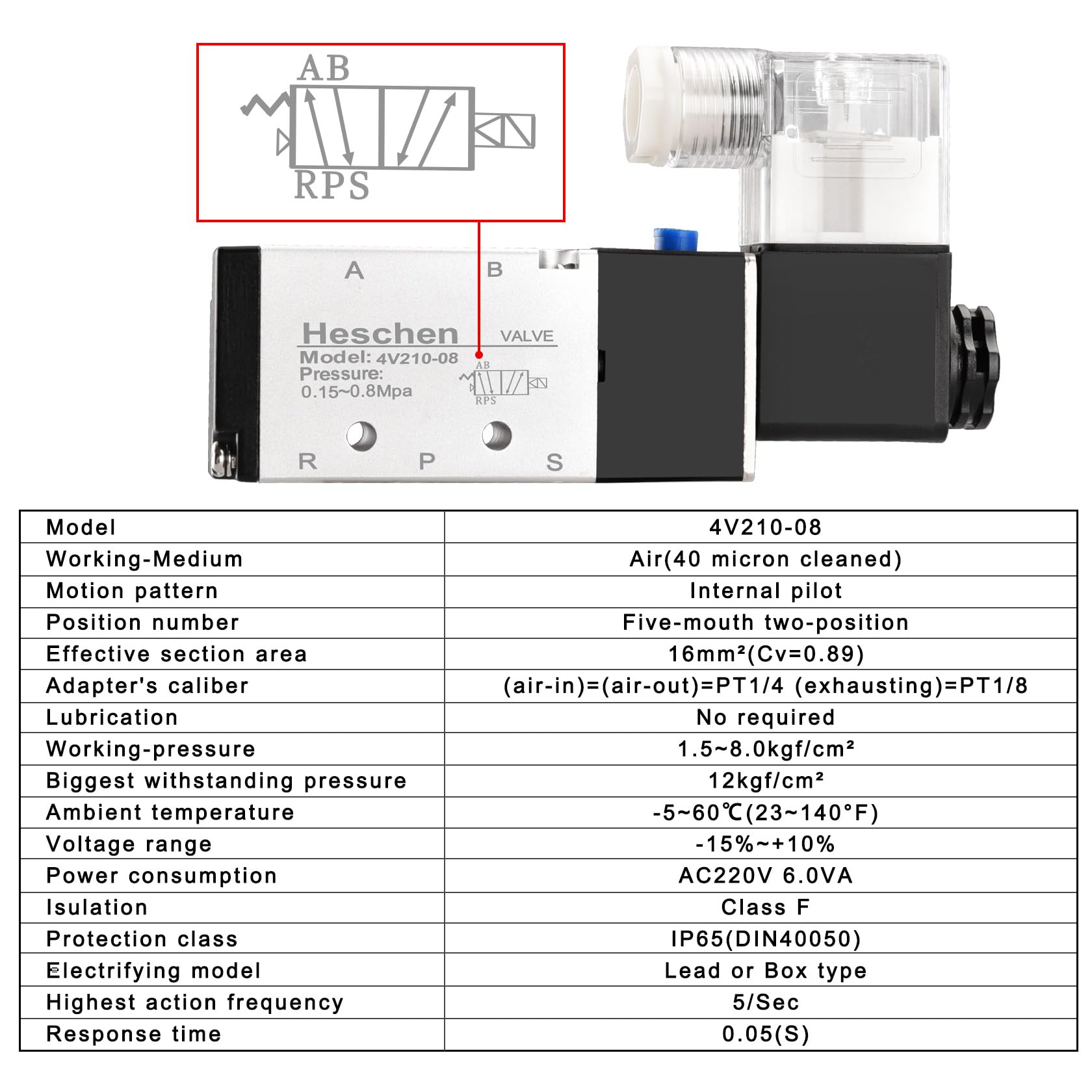 Heschen Eléctrica neumática triple válvula solenoide 4V210-08, AC220V, PT1/4'', 5 vías 2 posiciones, Manifold Base Silenciador Rápido Accesorios Conjunto