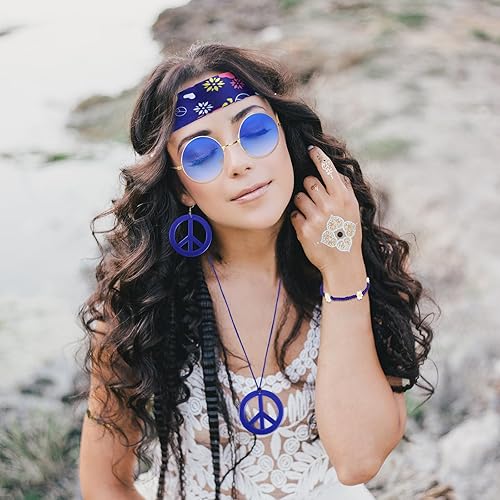 Miniatura 5 de Batiyeer 6 piezas de accesorios hippie para mujer, aretes bohemios con signo de la paz de los años 60 y 70, trajes para mujer, recuerdo de fiesta