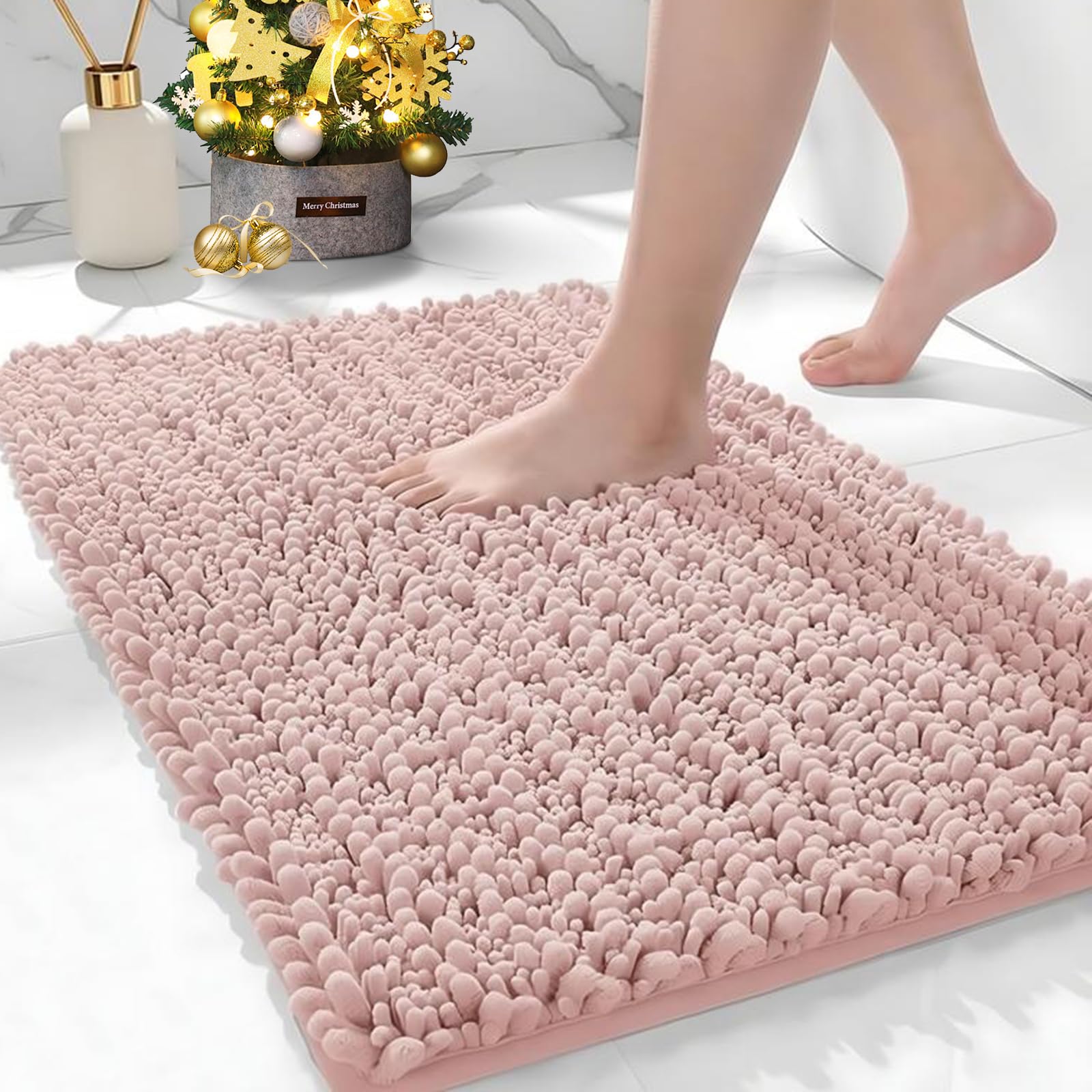 Chenille Bathroom Rugs 32x20 Absorbent Soft Non Slip, Pink