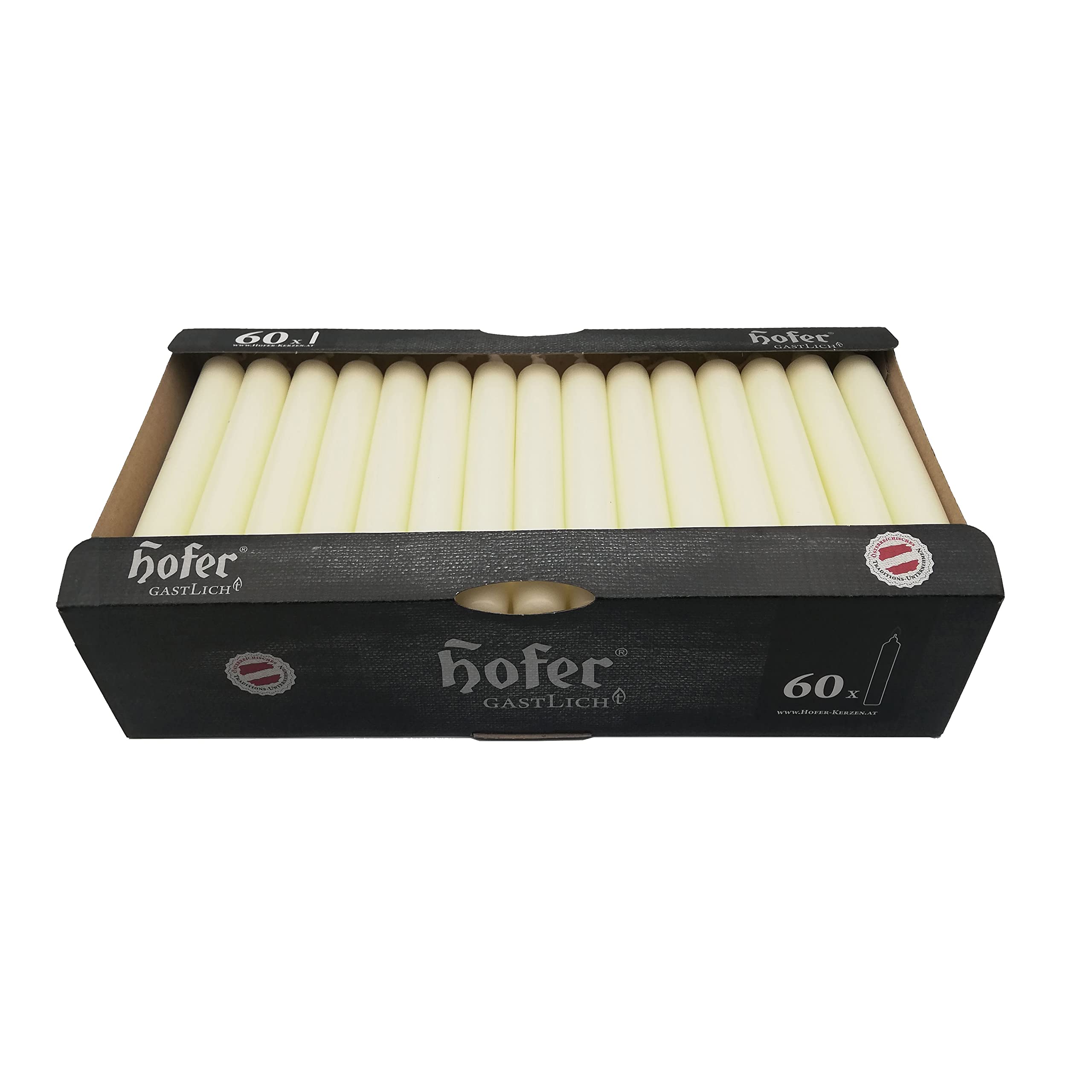 Hofer Juego de 60 velas de mesa largas, diámetro 21,5 x 180 mm, color marfil, largo tiempo de combustión aprox. 5 horas, fabricado en Austria