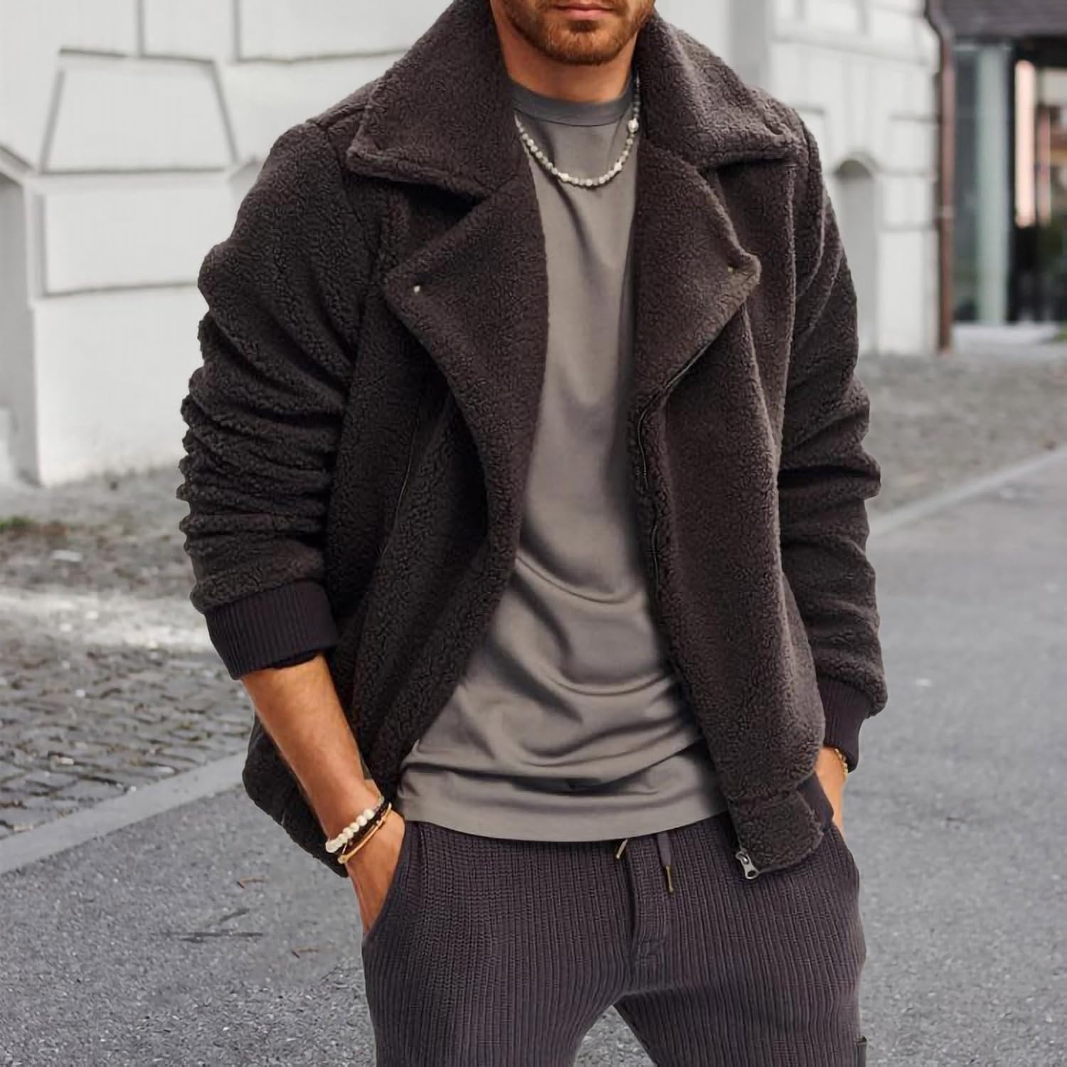Mens Fuzzy Sherpa Jacket Fleece Long Sleeve Full Zip Up Coat Long Sleeve Lapel Jackets Fall Winter Warm Outwear