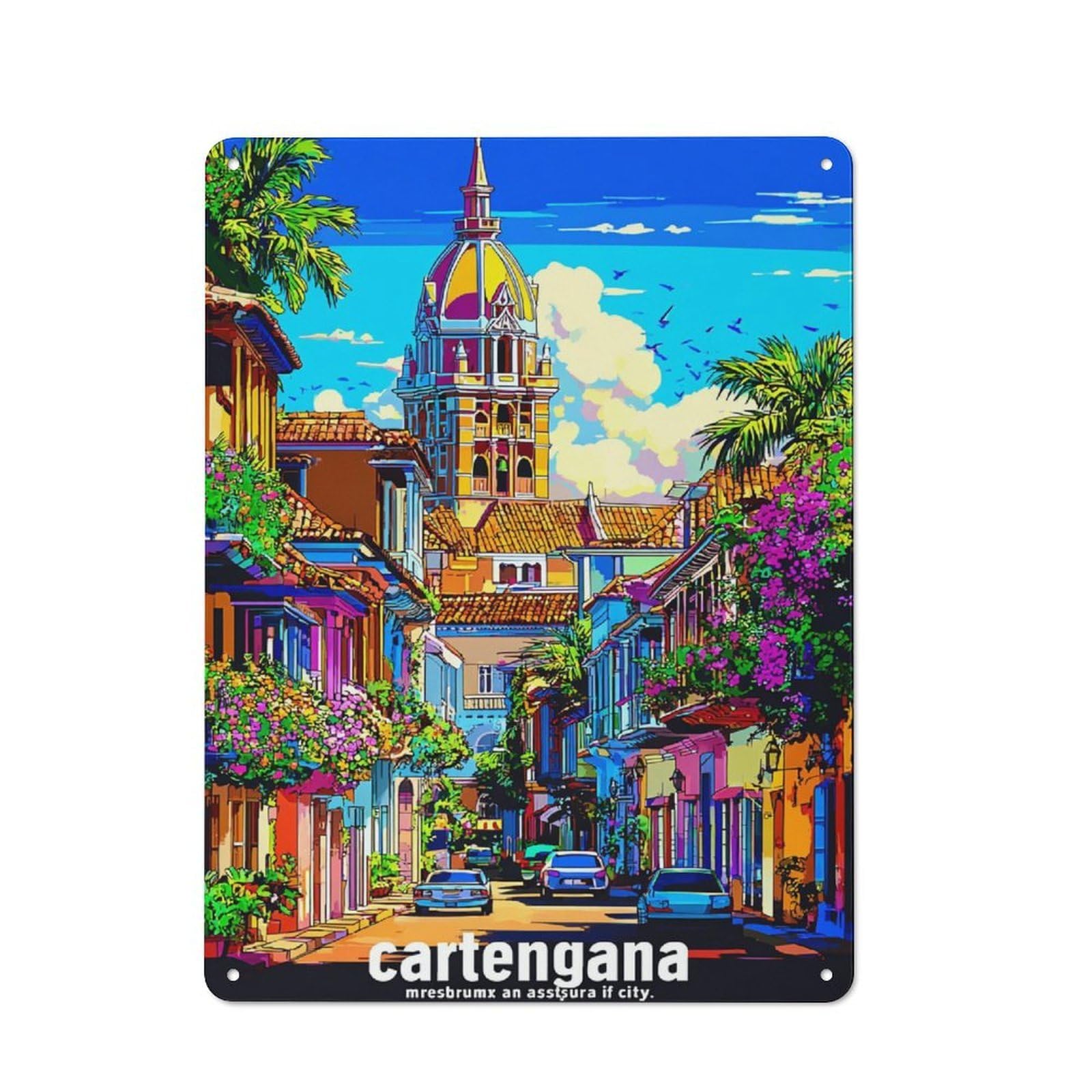 Junmoney Colorful Streets Of Cartagena Decorative Tin Plaque 40X30cm, Vintage Bar Wall Plaque For Bar, Kitchen, Garage Or Games Room