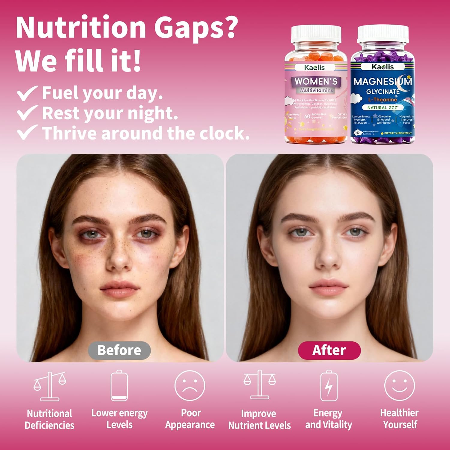 Women's Multivitamin & Magnesium Gummies: Duo Daily Supplement for Women with Prebiotic Ashwagandha L-Theanine Magnesium Glycinate for Immune Support Energy Boost Relaxation Improved Sleep Quality