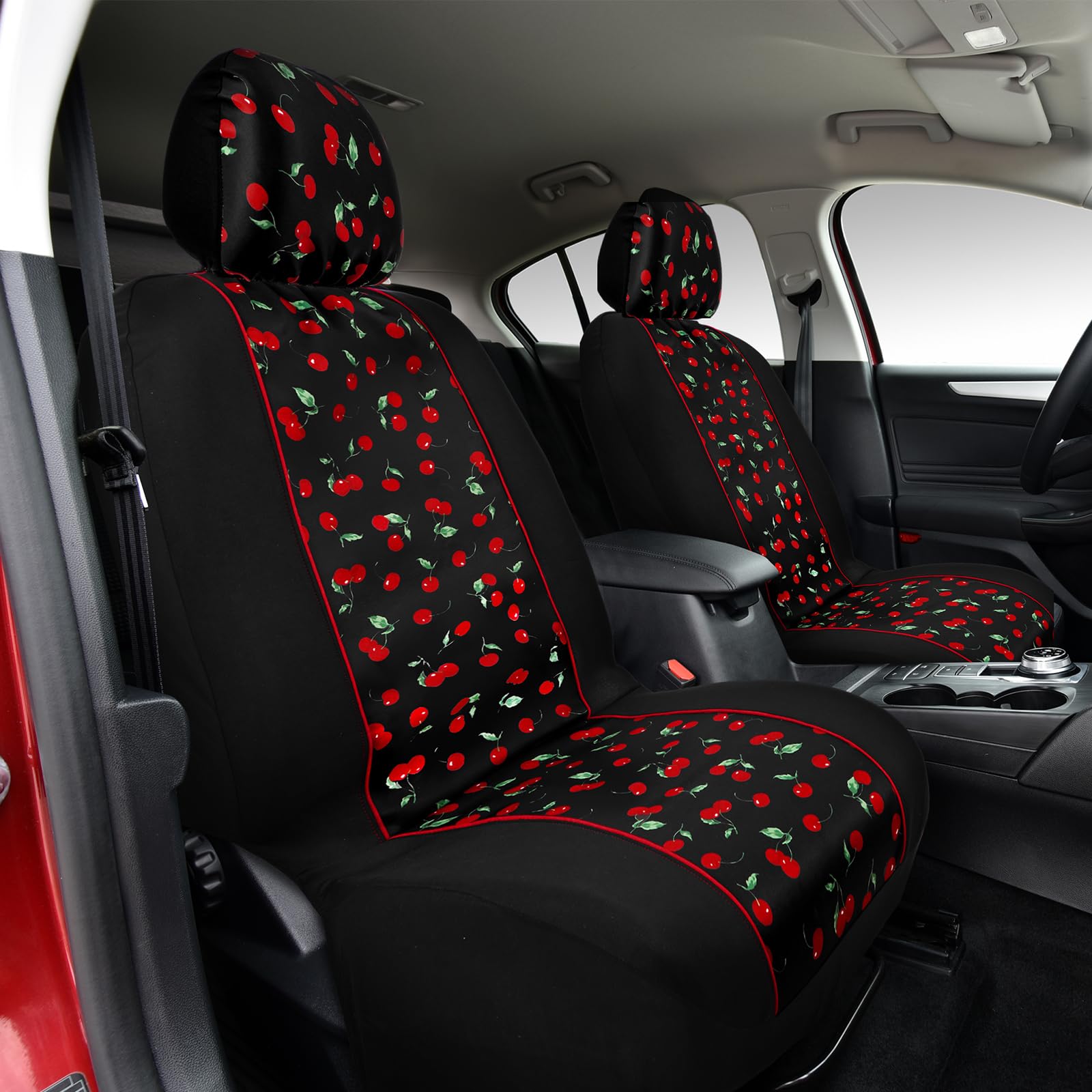 Tallew Lot de 2 housses de siège de voiture rouges cerise pour sièges avant avec housses d'appui-tête assorties - Dessous de verre absorbants avec encoche de doigt - Convient à la plupart des voitures