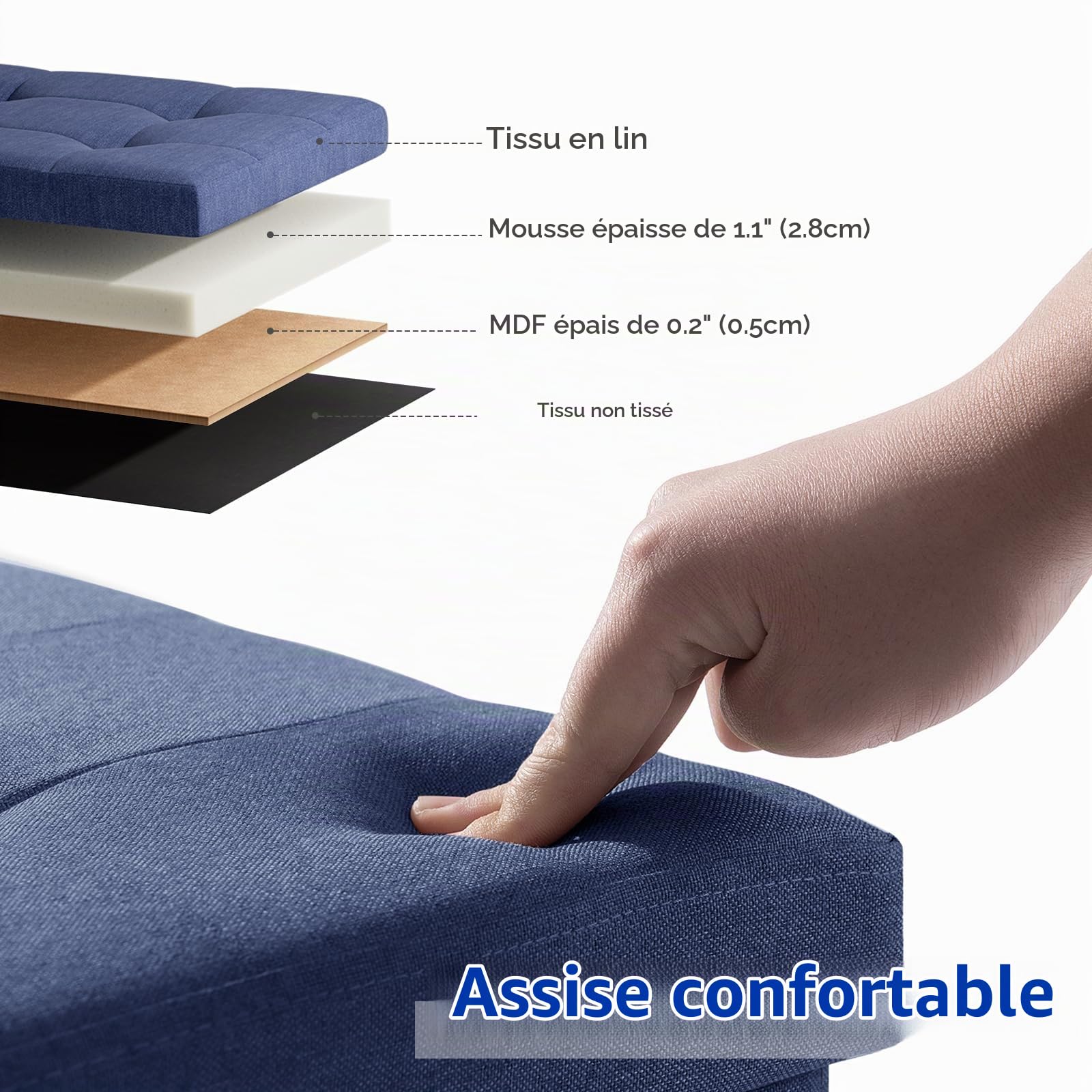 BRIAN & DANY Pouf Coffre de Rangement Boîte Tabouret Pliant Banc Pouf de Pliable Tissu en Lin, 76 x 38 x 38 cm, Bleu Marine