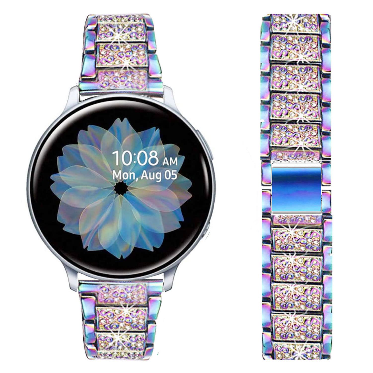 Bands Compatible with Samsung Galaxy Watch 7 / FE / 6/6 Classic / 5/5 Pro / 4/4 Classic / 3 41mm / Active 2, 20mm Bling Rhinestone Diamond Metal Replacement Strap for Women Men (Rainbow)