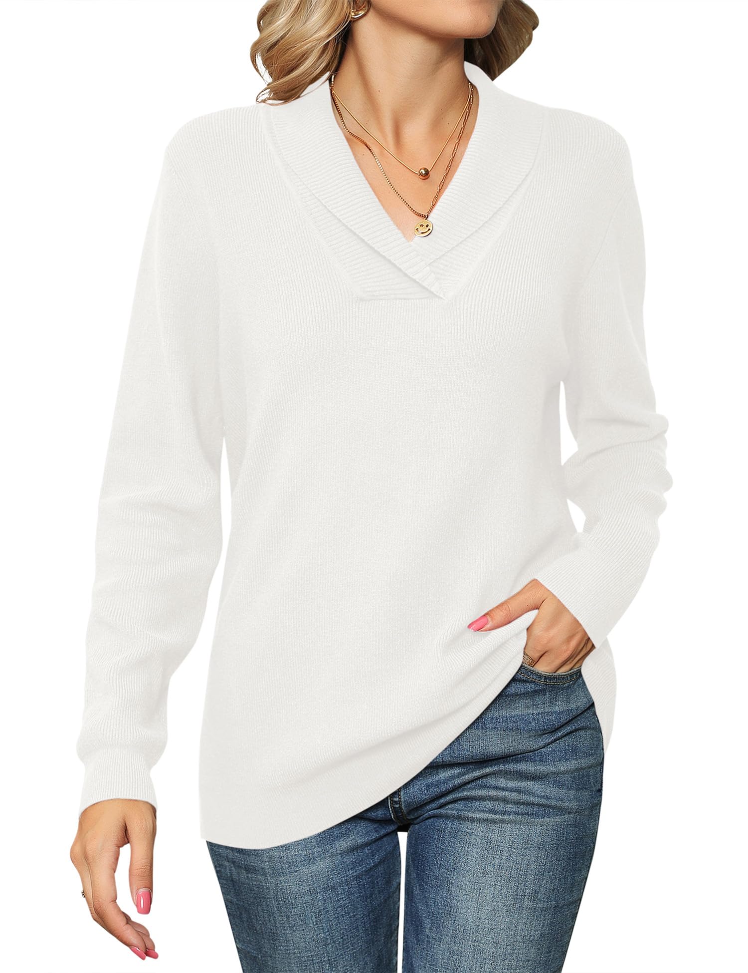 Ivicoer Women Long Sleeve V Neck Pullover Collar Knitted Sweaters