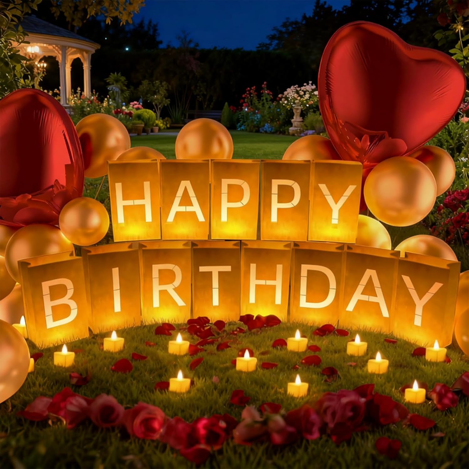 Happy Birthday Decoration for Men Women, Valentine’s Day Light Up Letters Luminary Bags with 30 Bright LED Candles, 2000 Rose Petals, 10 Balloons, Surprise Birthday Party Banner Signs