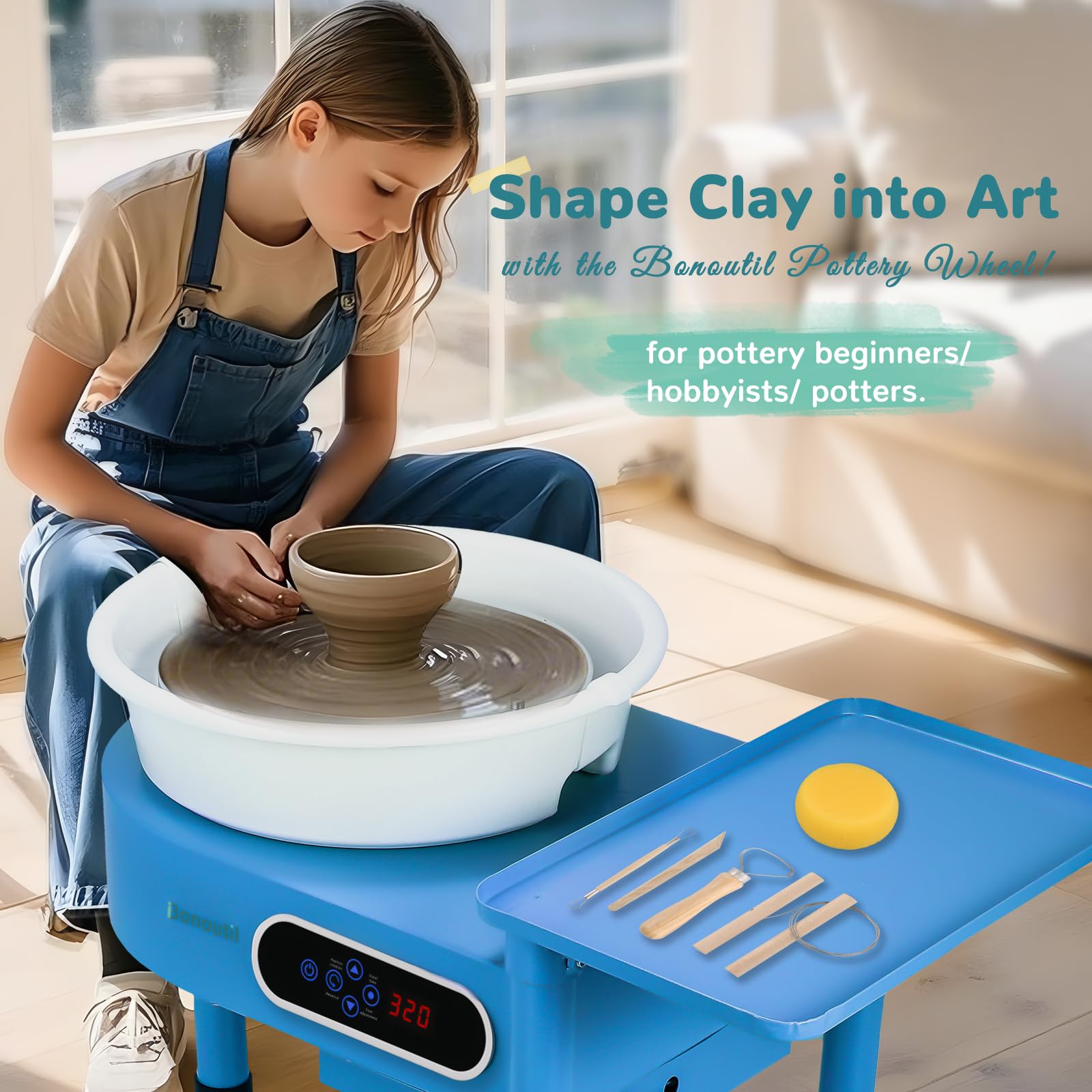 Bonoutil Pottery Wheel Machine, 30cm/12in with Bat System LCD&Foot Pedal 0-320RPM Electric Ceramic Forming Machine Adults Max 20 lbs Capacity 20PCS DIY Sculpting Tool