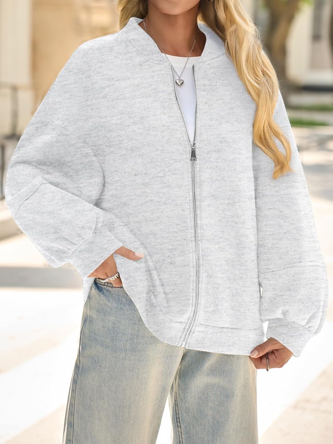 Fisoew Womens Zip Up Sweatshirt Casual Bomber Jacket Lantern Sleeve Oversized Jacket Fall Outfits 2025 - Image 4