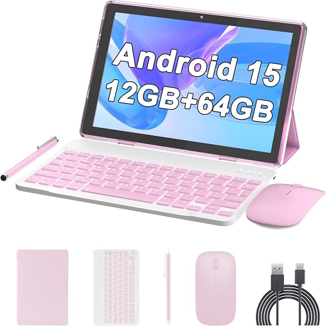10 Tablette de pouce Android 15(NOT GO) Comprimés 2 en 1 tablette avec clavier 12GB RAM+64 Go ROM(Appui 1TB d'extension) Caméra Tableta 2MP+8MP 6000mAh Souris/Cas/Style de batterie 5G Wifi-6 10.1" Comprimés Android