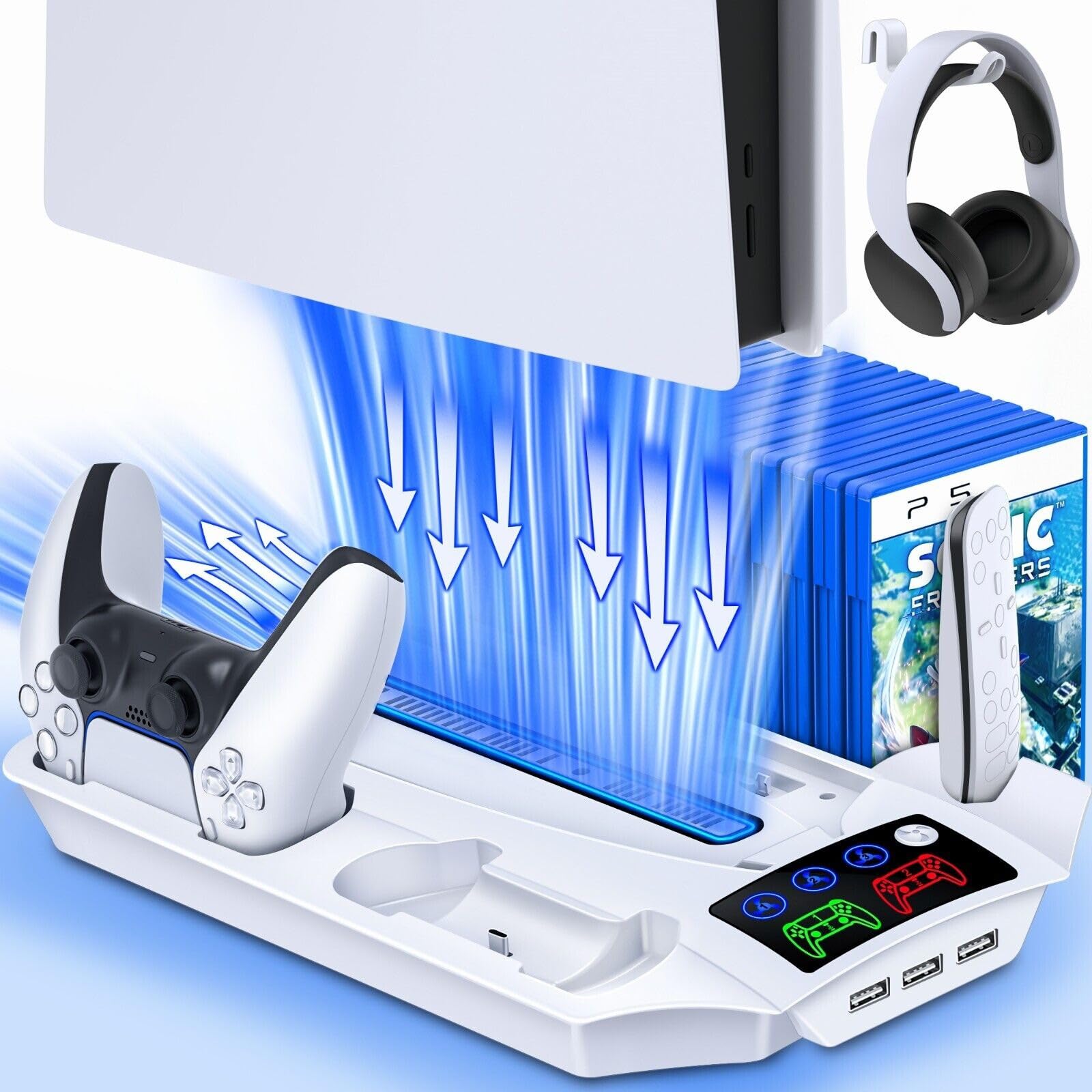 NuyoahPS5 Cooling Station with 3 USB Hubs & 3 Levels Fan Speeds & Controller Charging Station for PS5 Digital & Disc Version Console