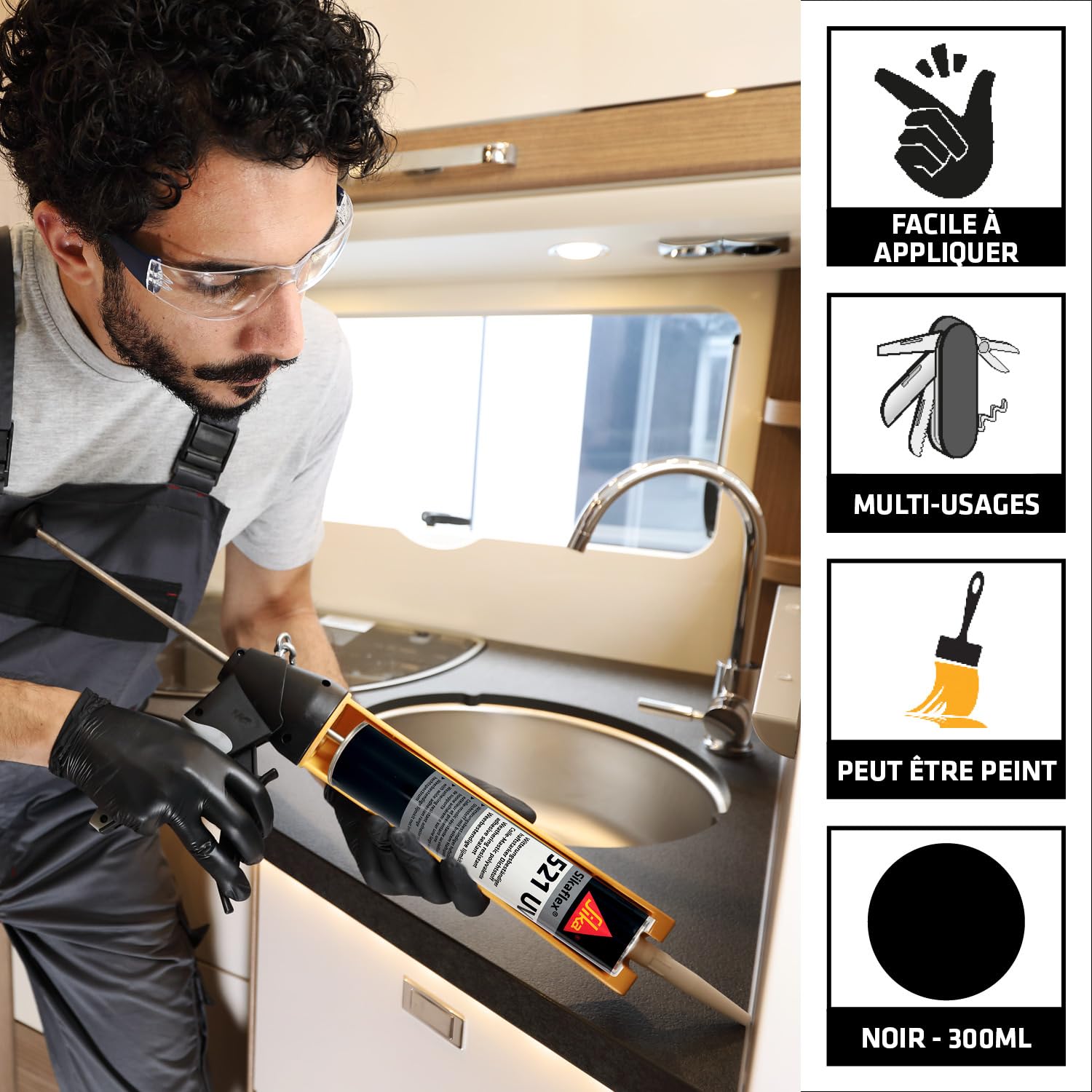 SIKA - Mastic-colle multi-usage - Sikaflex 521 UV - noir - Carton 12x300ml | Joints d'étanchéité camping-car/caravane/mobil-home - Adhérence élevée - Résistant aux UV - Sans solvant