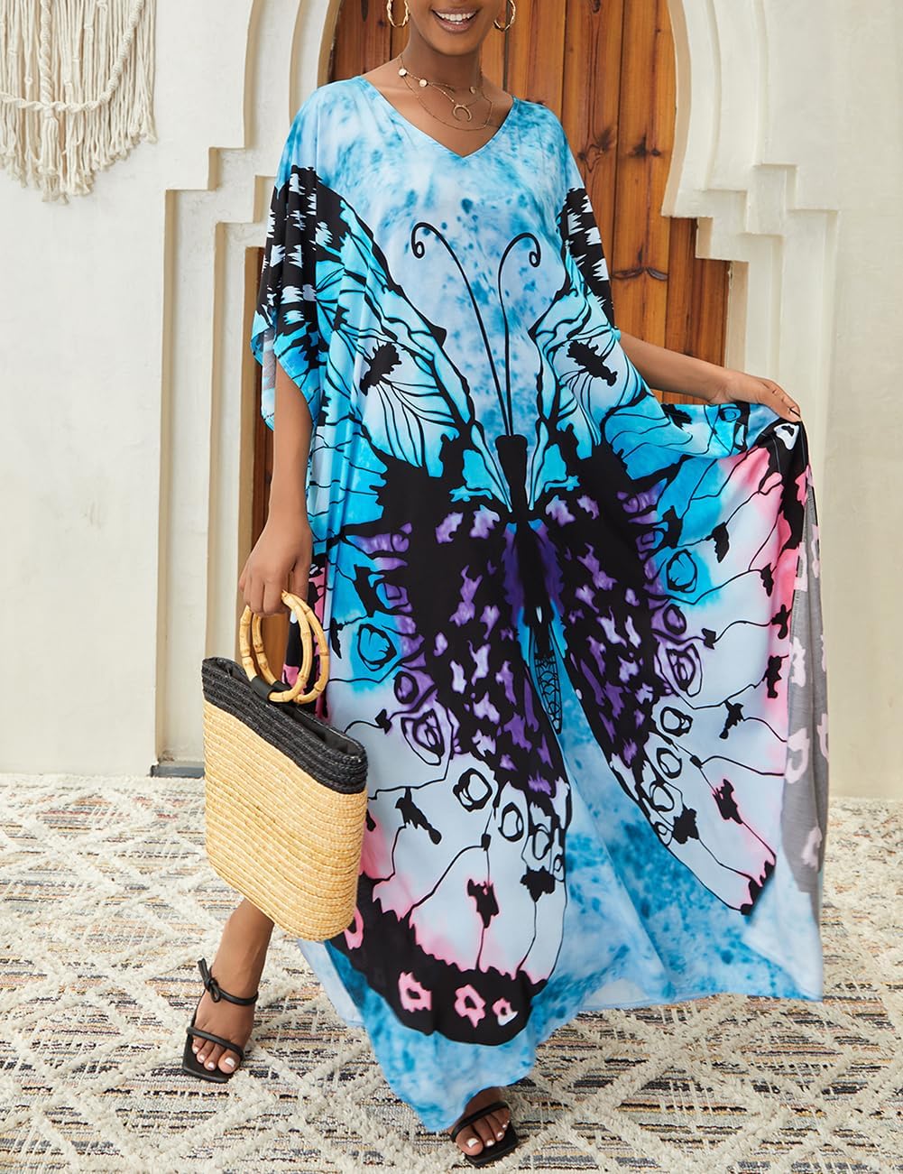 Bsubseach Kaftan Dresses for Women Plus Size Tie Dye Batwing Sleeve Caftans Swimsuit Coverup Maxi Dress Loungewear - Image 4