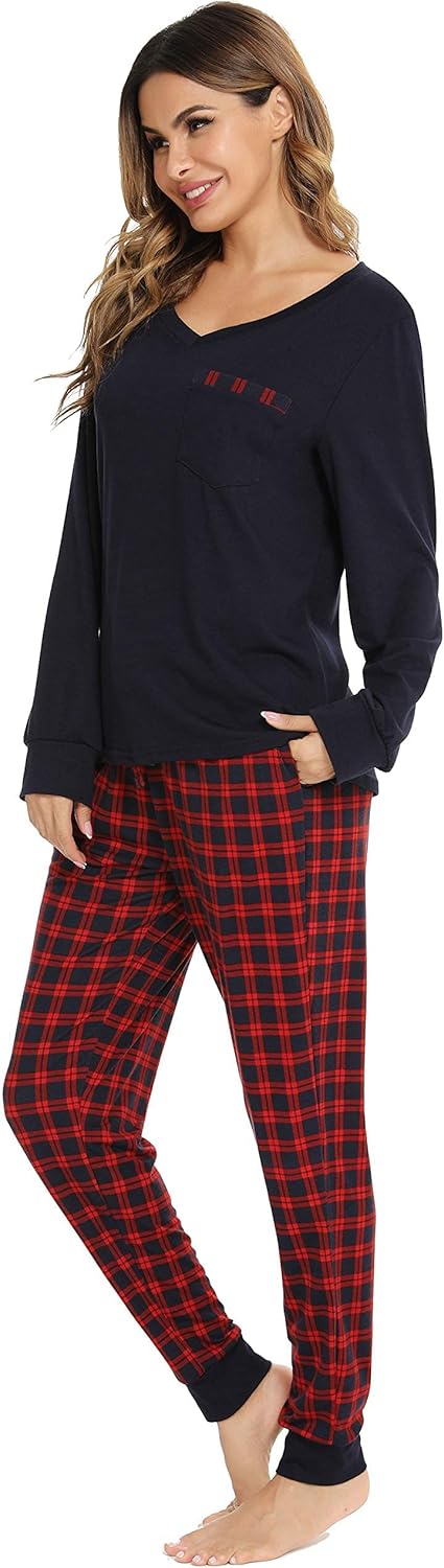 Vlazom Women's Pajama Set 2 Pieces Soft Sleepwear Set Warm Long Sleeve Sweatshirt and Long Plaid Pants with Pockets S-XXL - Image 5