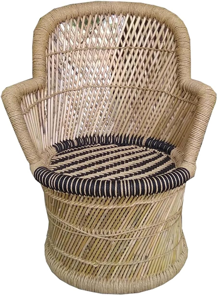 Shanvi Handicraft ! Pure Natural and Handmade Bamboo Mudda Chair with Black and Biege Wave Design Chair -Standard Size