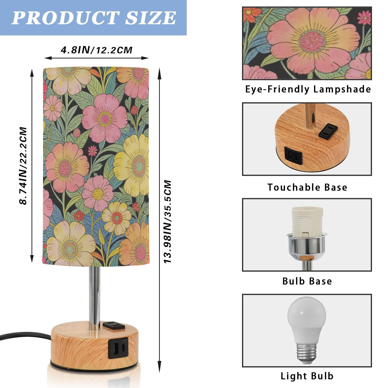 Yuiboo Dotykowe lampy stołowe z portami USB C+A, lampka nocna na biurko